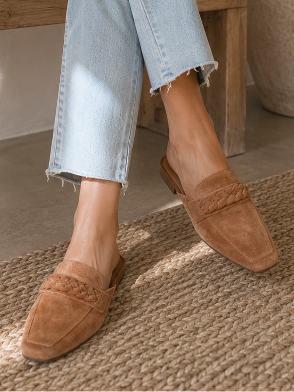 Gianni Bini Tan Suede Braided Mule Loafers